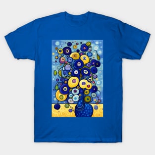 Blue and Gold Cute Abstract Flowers in a Blue Vase Still Life Painting T-Shirt